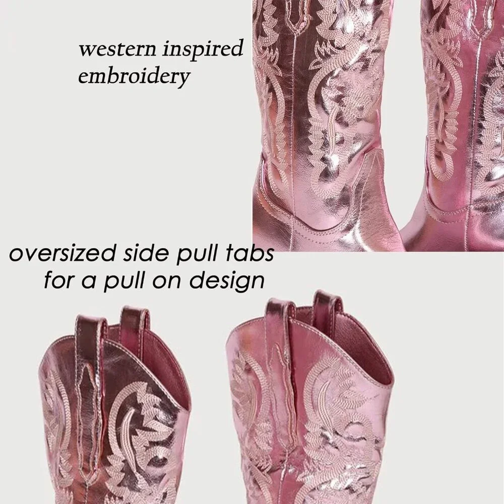 ✨ Women's Pink Cowgirl Boots Embroidered Cowboy Chunky Block Heel Western Boots